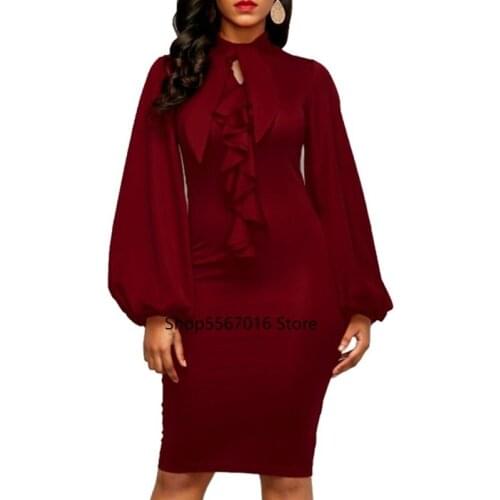 Spring Dress Women 2021 Casual Slim Lantern Sleeve Bow Ruffles Office Pencil Bodycon Dresses Vintage Sexy Long Party Dress 2XL