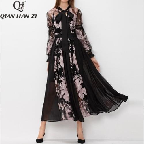Qian Han Zi runway Maxi dress Bow collar Lantern Sleeve embroidered Patchwork feathers retro woman party long dress plus size