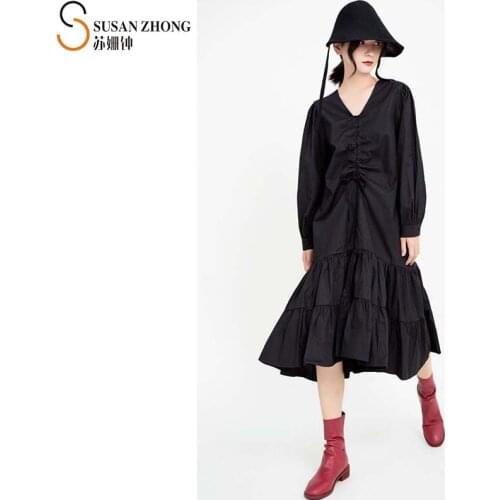 Women Dress Female One-Piece Japanese Style Designer Fall Spring A-Line V-Neck Lace-Up Drawstring Pleats Draped Ruffles Shirring