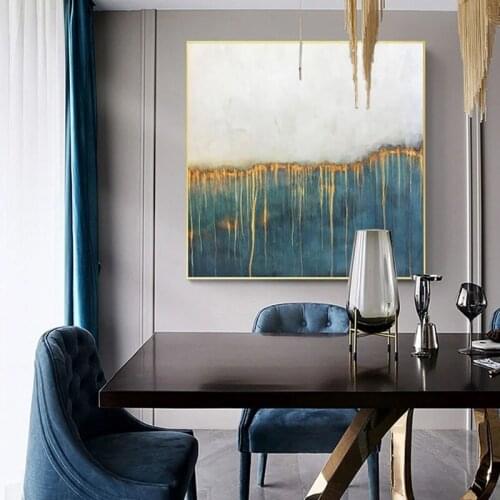 100% Hand Painted Oil Painting Hand Made Blue Handmade Canvas Painting Wall Art Picture for Living Room Decor Simple Frameless