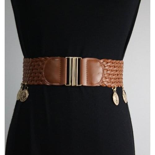 2021 Vintage Weaving PU Waist Belt with Coin Statement Waistband Spring Female Sweater Coat Dress Faux Leather Belt Accessories