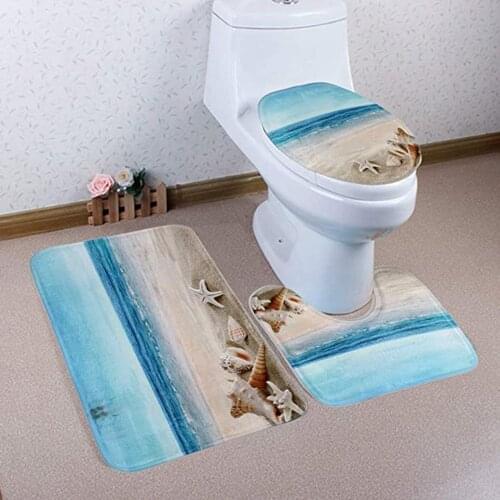 3 Pieces Classic Bathroom Mat Kit Anti slip Toilet Bowl Lid Cover Foot Mat Doormat Print Sea Wave Starfish Bathroom Pad Kit