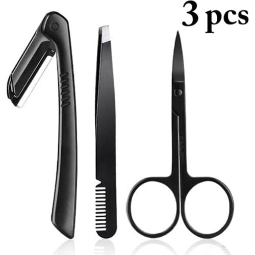 3PCS Kapmore Eyebrow Grooming Kit Mini Portable Foldable Eyebrow Razor Eyebrow Scissors Eyebrow Trimmer Beauty Tools