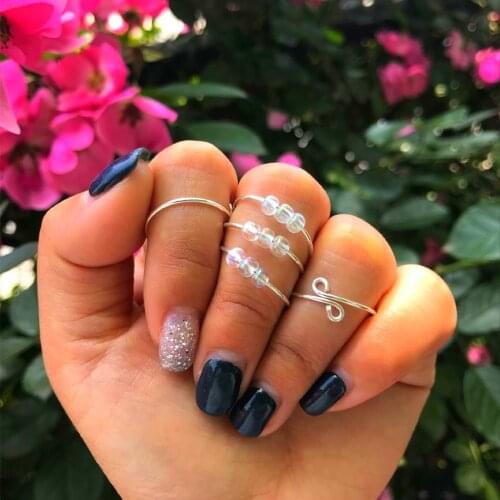 5PCS Reduce Pressure Glass Beaded Ring For Women Exquisite Relax Anxiety Fidget Adjustable Folding Rings Meditation Jewelry A997