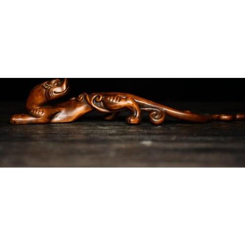 8" China Lucky Seikos Boxwood Pixiu Statue Long tail monsters wood carving Poodle Unicorn statue