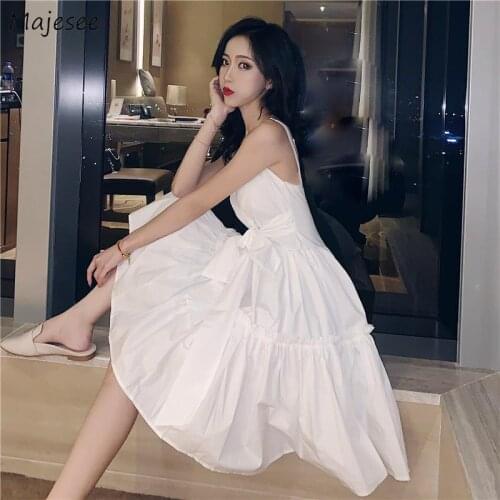 Sleeveless Dress Women Sexy V-neck Spaghetti Strap Solid Bow Sweet Elegant Lovely Vintage Korean Style Stylish Design Evening
