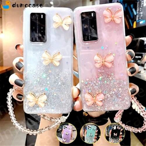 Butterfly Glitter Wrist Lanyard Case for XIAOMI Mi 11 10T 10 Ultra RedMi 9 9A 9T 9C Note 8T 9S 10S 7 8 9 10 Pro Max Shiny Cover