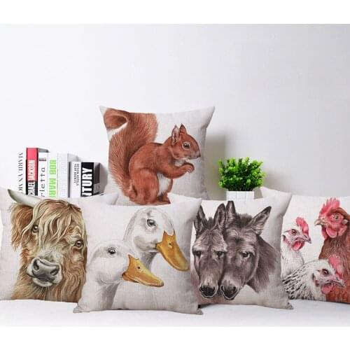 Highland Cow Red Squirrel Hare Horse Cushion Cover Animal Painting Pillowcase 45X45cm Sofa Chair Decoration