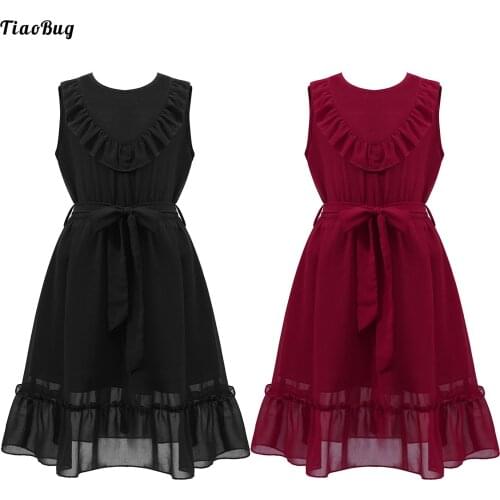 TiaoBug Kids Girls Chiffon Summer Dress Round Neck Sleeveless Elastic Waist Ruffle Hem Dress For Party Birthday Dance Wedding