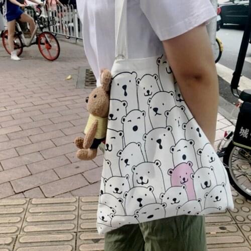 B020125 New Arrival Color Change Bear Printed Canvas Bag Women Girls Casual Shoulder Bags for School Traveling Shopping