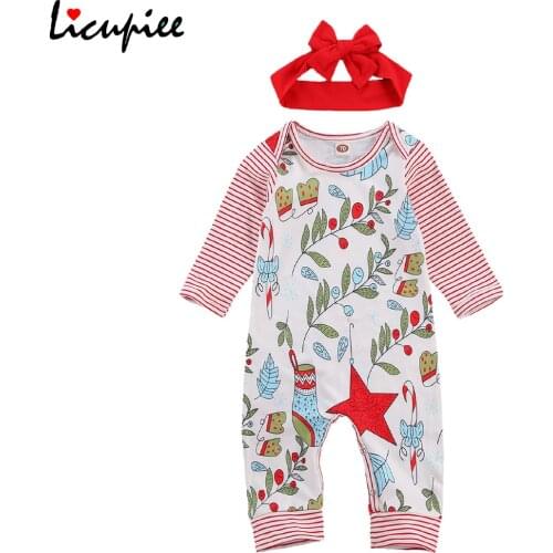 Toddler Boy Girl Jumpsuit 2pcs Outfit, Christmas Element Printing Long Sleeve Footless Infant One-piece with Headband 0-12 Month