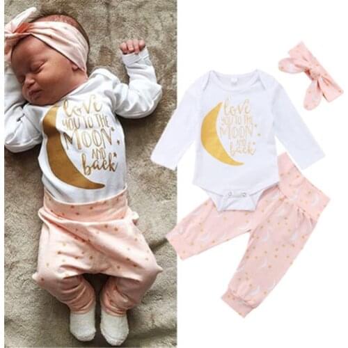 Baby Girl Clothes Set 3pcs 2019 New Moon Print White Bodysuits Tops Solid Pink Long Pants Hairband Toddler New Born Clothes Set
