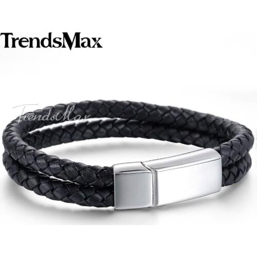 Trendsmax Leather Bracelets For Men Women Black Blue Brown 2 Strands Rope Chain Leather Bracelet 2018 Magnetic Clasp 12mm KLBM79