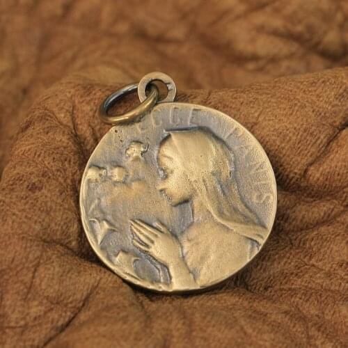 LINSION High Details Brass Virgin Mary Pendant Charms 2 Sides Round Pendant BR166 JP