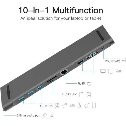 NEW 10 in 1 HUB 4K USB Type-C to USB 3.0 TF VGA RJ45 Mini DP Docking Station or Huawei Samsung Xiaomi