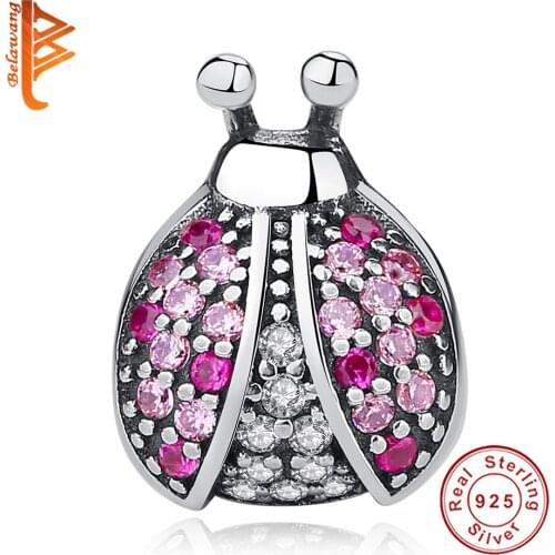 Wholesale Real 925 Sterling Silver Cute Pink Ladybug Charm with clear CZ insect Bead Fit Original Bracelet Women DIY jewelry