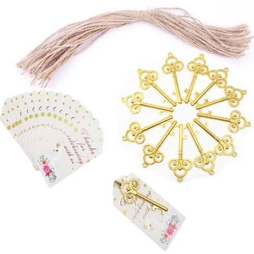 50set Gold Key Shape Bottle Opener Alloy Key Ring Copper Keychain with Tags Gift on All Kinds of Wedding Unicorn Party Favors