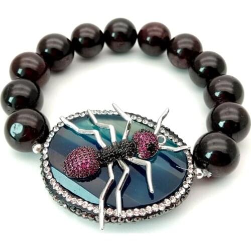 8" 12mm round Garnet Stretch Bracelet Oval blue stone CZ Insect Connector