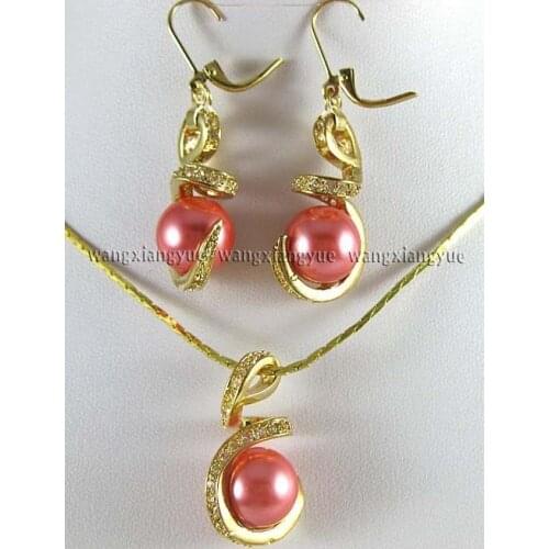 Pink Rose South sea Shell Pearl Earrings & Necklace Pendant Set 18">>* plated watch wholesale Quartz jade CZ crystal