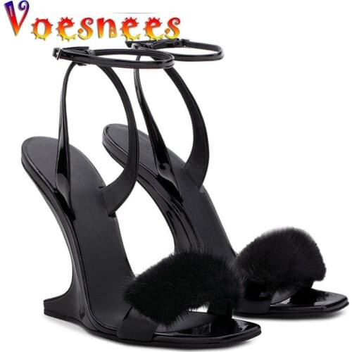 Summer Women Hairy Sandals Fashion Mink Fur Wedges Sandals For Women Party 2021 Sexy One Word Band No Heel High-Heel Shoes