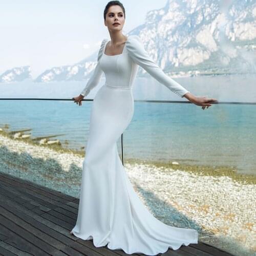 Modest Jersey Mermaid Wedding Dress 2021Elegant Square Neck Long Sleeve Sweep Train Bridal Gowns