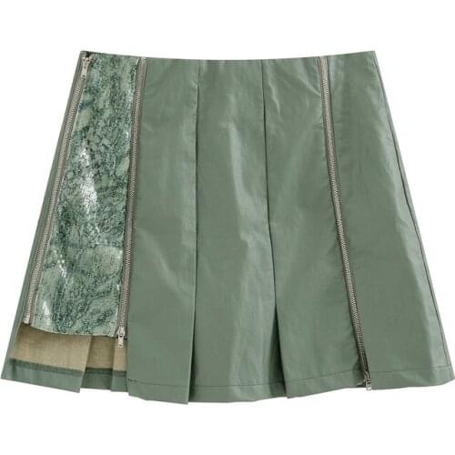Dark green a-line leather skirt millennial hot girl style irregular skirt zipper pleated skirt female