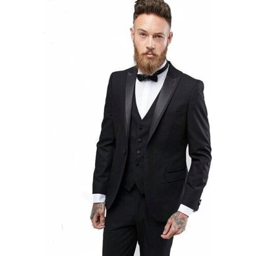 High Quality One Button Black Groom Tuxedos Peak Lapel Groomsmen Mens Wedding Prom Suits (Jacket+Pants+Vest+Tie) NO:42