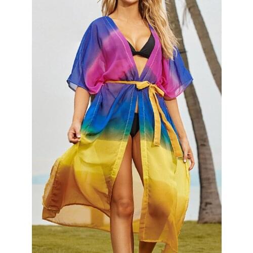 ZAFILLE Rainbow Colors Bikini Cover Up Summer Sexy Beach Dress Women Swimsuit Cover Up Pareo Beach Bathing Suit Robe Beach Wear