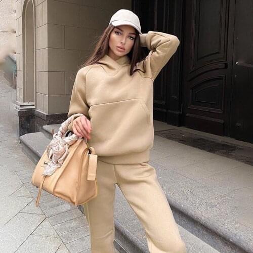 Women 2020 Hoodies Apricot Long Sleeve Fleece Warm Hooded Sweatshirt And Pants Two Piece Suit Casual Sport Tracksuits Set