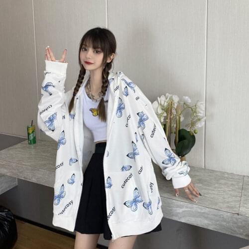 Summer kawaii Harajuku Butterfly Hoodie Zipper Women Sweatshirt 2021 oversized zip up sweatshirt clothing korean style