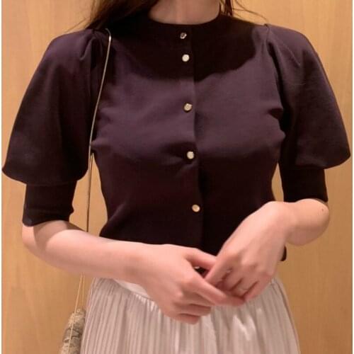 O Neck Single Breast Design Knit Cardigans Women Spring Solid Loose Puff Sleeve Sweater Coat 2021 New Casual Soft Sweet Tops