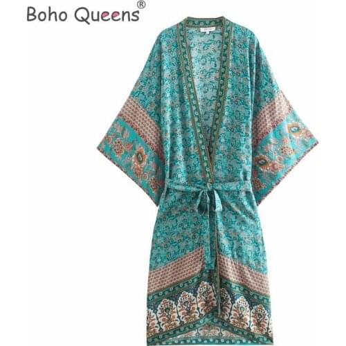 Boho Queens women floral print bat sleeve beach Bohemian kimono dresses robe Ladies V neck Tassel Summer Boho bikini cover-ups
