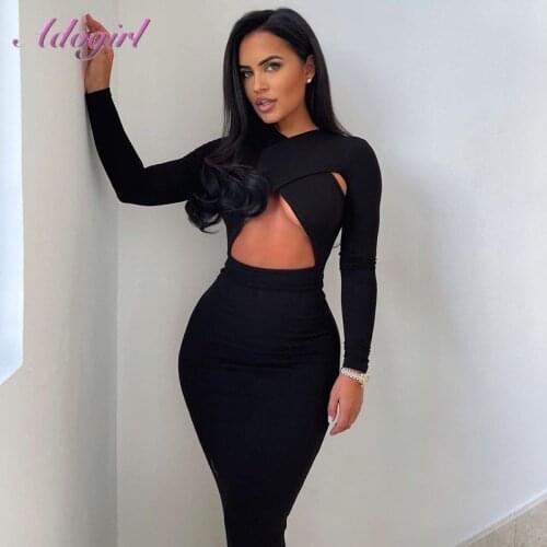 Sexy Solid Cross Hollow Out Maxi Bandage Party Clubwear Maxil Dress Women Elegant Full Sleeve V Neck Long Dress Autumn Vestidos
