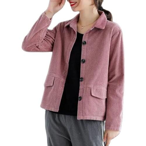 2021 Autumn Winter New Solid Womens Coat Corduroy Retro Female Jackets Casual Comfortable Single-breasted Ladies Outerwear Top