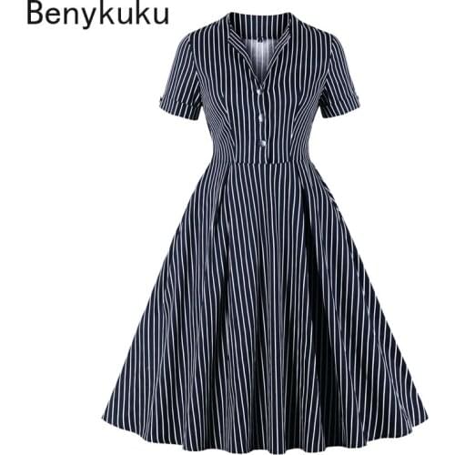 Navy Blue Button Front Striped Vintage Cotton Dresses for Women 2020 Female High Waist Elegant Pocket Robe Retro Pleated Dress