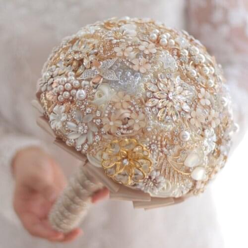 Custom champagne gold Wedding bridal brooches bouquet, ivory brides bouquet, Pearl crystal opal brooch bouquet golden decor