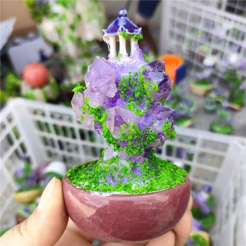 105-110mm Natural Amethyst Cluster Rockery Hill Reiki Crystals Gifts Crystal Cluster Base Bonsai Sculpture Figurine