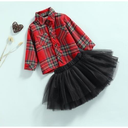 2pcs Autumn Baby Girls Cute Clothes Sets 0-3Y Plaid Printed Single Breasted Shirts Tops Mesh Lace Tutu Skirts