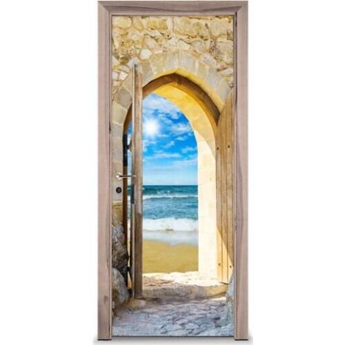 3D Door Sticker Outdoor Seaside Mural Wall Sticker DIY Door Cover Kitchen Home Decoration Accessories Modern 3d Wall Stickers