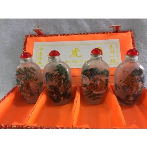4pc Chinese collection antique Eight tiger painting glass SNUFF BOTTLE-painting home decoration SNUFF BOTTLE