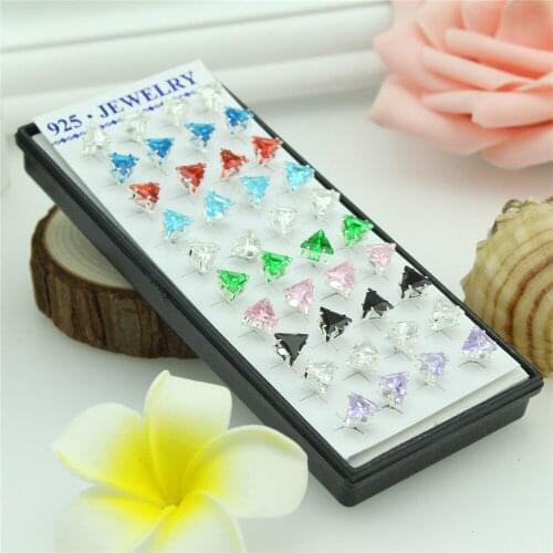 40pcs 925 sterling silver earrings Jewelry triangle crystal stud earrings Female money inlay zircon silver earrings