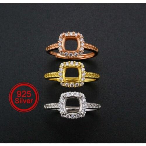 6MM Square Halo Prong Ring Settings Solid 925 Sterling Silver Rose Gold Plated DIY Adjustable Ring Bezel for Gemstone 1294217