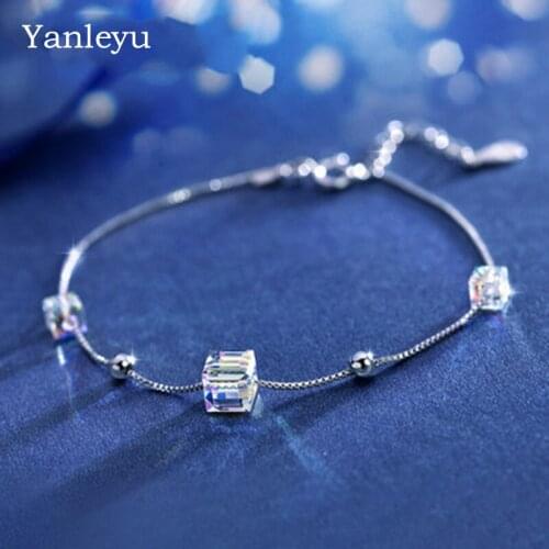 Yanleyu Fashion Gradual Change Color Crystal Cube Bracelet Genuine 925 Sterling Silver Chain Link Bracelets for Women Gift PB022