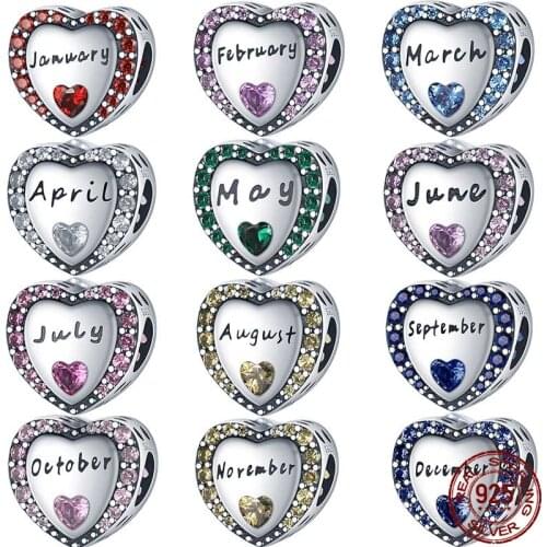100% Real 925 Sterling Silver 1-12 Months Of The Year Heart-Shaped Fit Original 3mm Bangle Making Fashion DIY Jewelry For