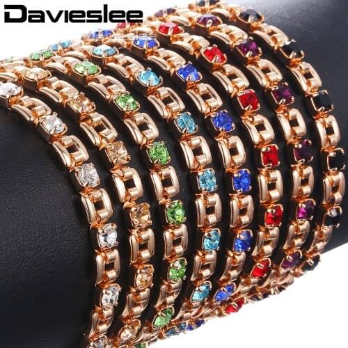 Davieslee Womens Bracelet Jewelry 585 Rose Gold Bracelets For Women Square Bismark Multi Colors CZ Stone Gifts 5.5mm DGBM101