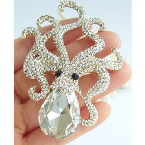 Gold Tone 3.15" Octopus Brooch Pin Pendant Clear Rhinestone Crystal EE05097C2