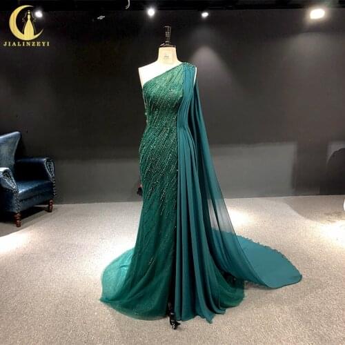 Rhine real Pictures One shoulder green Beads Crystal Mermaid with chiffon arabic evening dresses long