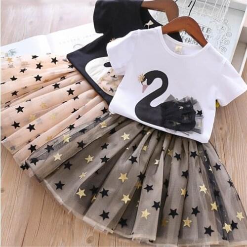 2 Pcs Girl Casual Clothes Suit Round Neck Short Sleeve Cartoon Swan Print T-shirt Bronzing Star Mesh Bubble Skirt Girls Clothing