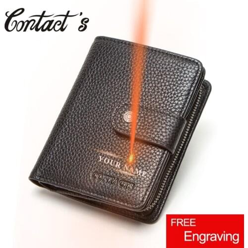 Contacts Genuine Leather Men Wallets Coin Purse Zipper Short Male Money Bag Free Engraving Small Walet High Quality Rfid Wallet