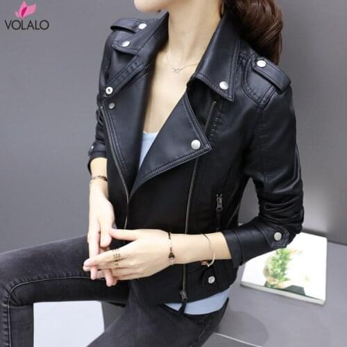 2020 New Fashion Women Autumn Winter Black Faux Leather Jackets Zipper Basic Coat Turn-down Collar Biker Jacket with Blet 3xl